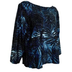 Connected Womens XL  L Sleeve Top Blue Metallic Peakok Shimmery  Holiday Party